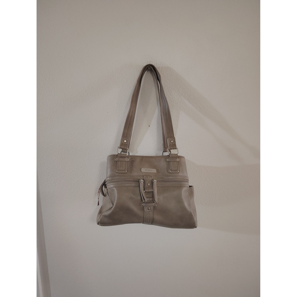Rosetti Taupe Faux Leather Shoulder Bag Multi Pocket Purse Silver Tone Hardware
